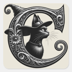 Black Cat Witch Witchy Letter C Custom Initial  Square Sticker