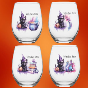 Black Cat Witches Brew: Set of 4 Stemless Wine Glass