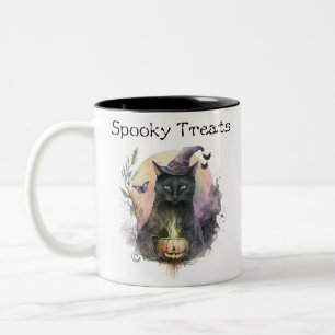 Black Cat Witches Hat Creepy Spooky Fun Halloween Two-Tone Coffee Mug