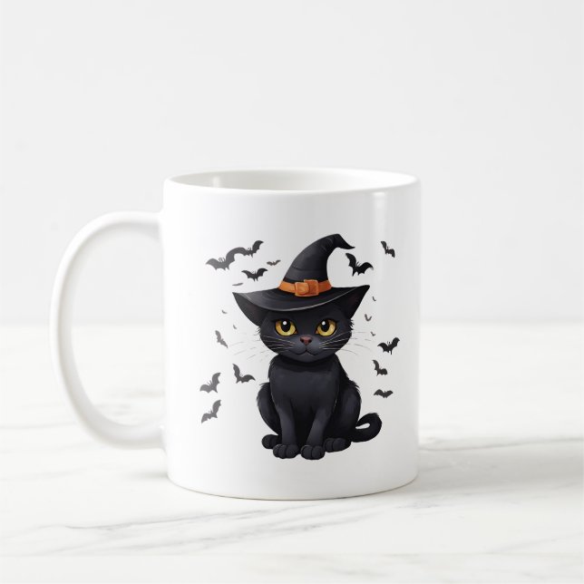 Black Cat Witches Hat Halloween Fall Spooky Cute Coffee Mug (Left)