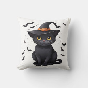 Black Cat Witches Hat Halloween Fall Spooky Cute Cushion