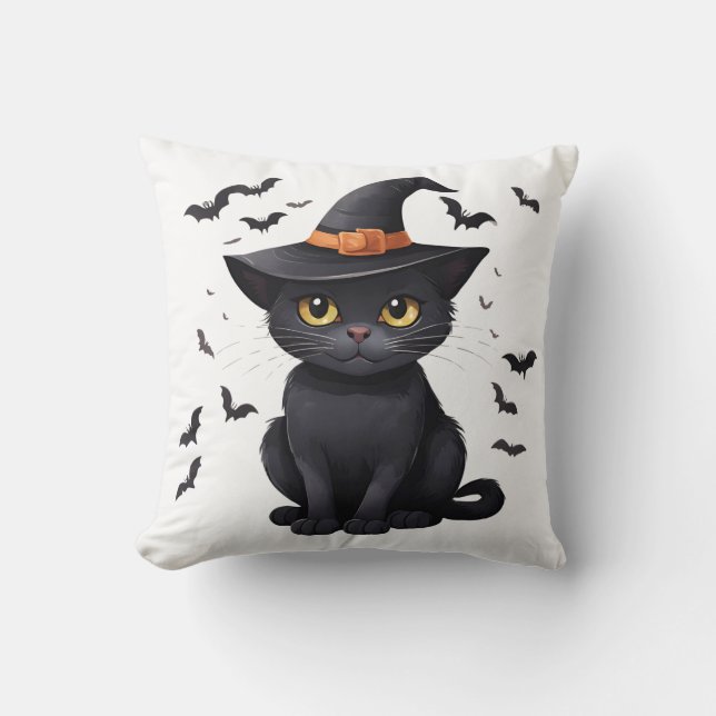 Black Cat Witches Hat Halloween Fall Spooky Cute Cushion (Front)