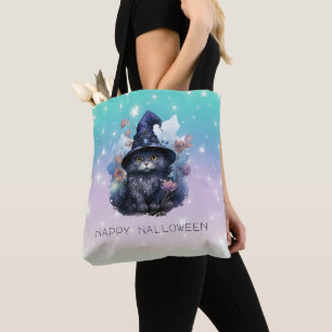 Black Cat Witches Hat Rainbow Pastel Halloween Tote Bag