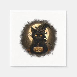 Black Cat Witchy Pumpkin Moon Spooky Halloween Wom Napkin