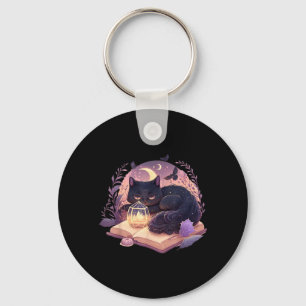 Black Cat Witchy Spellbook Spooky Halloween Magic Key Ring