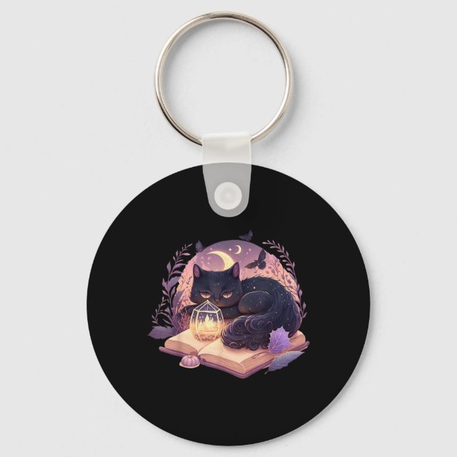 Black Cat Witchy Spellbook Spooky Halloween Magic Key Ring (Front)
