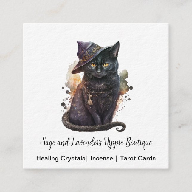 Black Cat Witchy Square Business Card (Front)