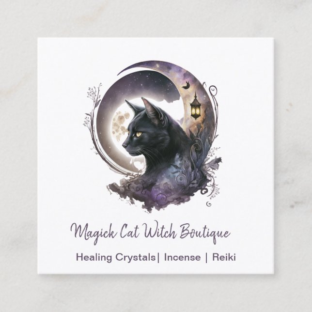 Black Cat Witchy Square Business Card (Front)