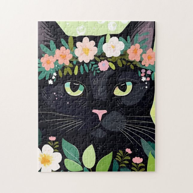 Black cat with a floral crown jigsaw puzzle (Vertical)