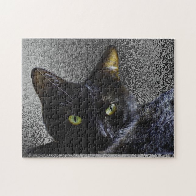 Black Cat with a Grey Pattern Background Puzzle (Horizontal)