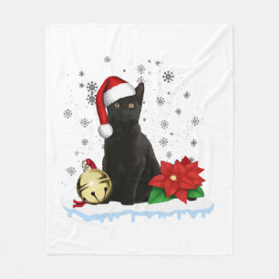 Black Cat With A Santa Hat Christmas Cat Costume Fleece Blanket