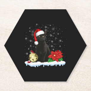 Black Cat With A Santa Hat Christmas Cat Costume Paper Coaster