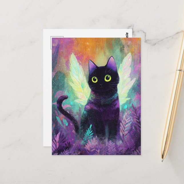 Black Cat With Angel Wings Postcard (Front/Back In Situ)