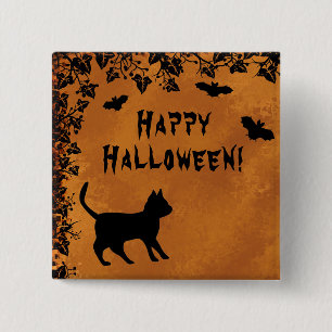 Black Cat with Bat , Happy Halloween 15 Cm Square Badge