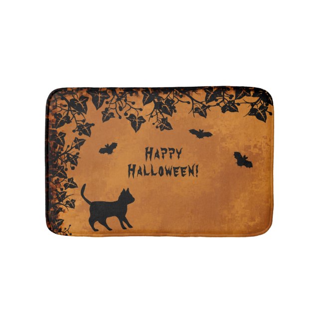 Black Cat with Bat , Happy Halloween Bath Mat (Front)