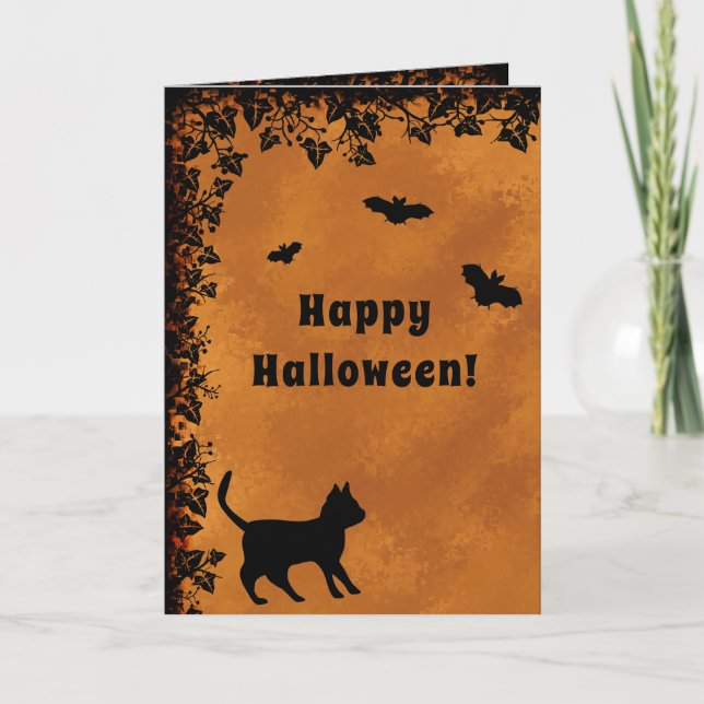 Black Cat with Bat , Happy Halloween Card (Front)