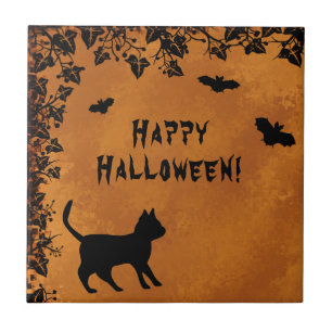 Black Cat with Bat , Happy Halloween Ceramic Tile