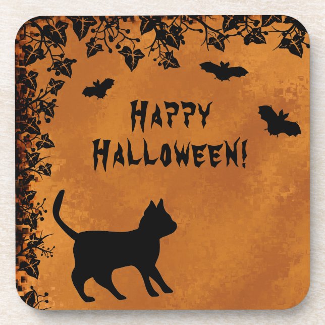 Black Cat with Bat , Happy Halloween Coaster (Front)