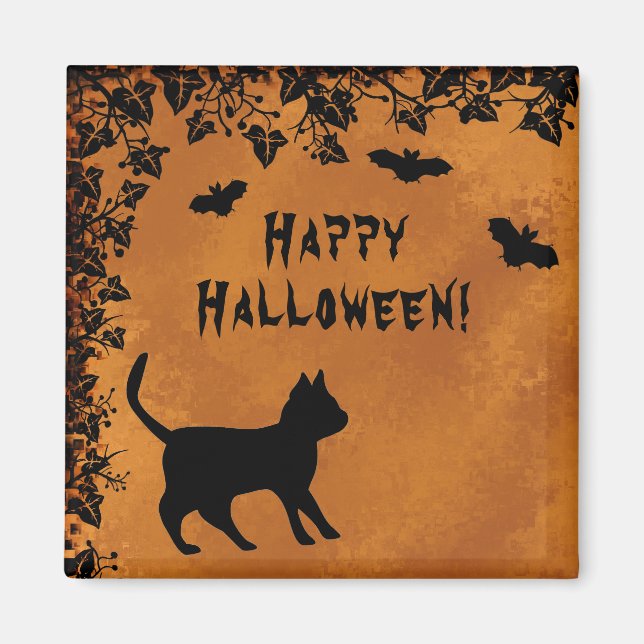 Black Cat with Bat , Happy Halloween Magnet (Front)