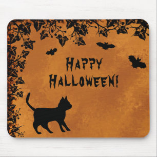 Black Cat with Bat , Happy Halloween Mouse Pad