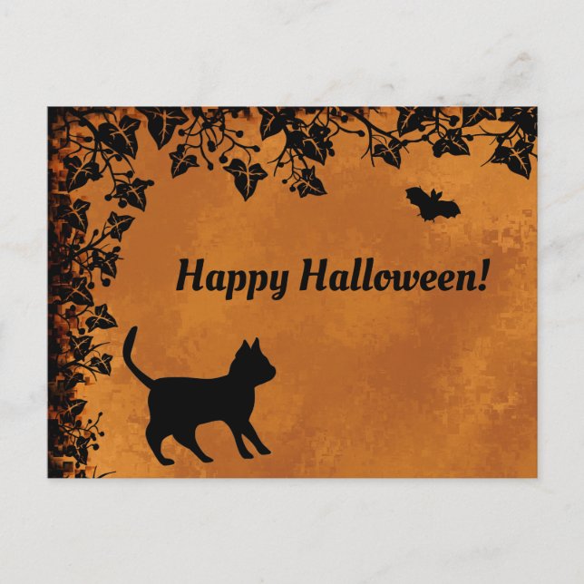 Black Cat with Bat , Happy Halloween Postcard (Front)