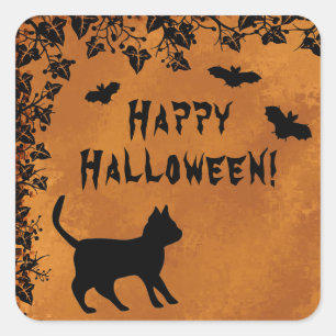 Black Cat with Bat , Happy Halloween Square Sticker