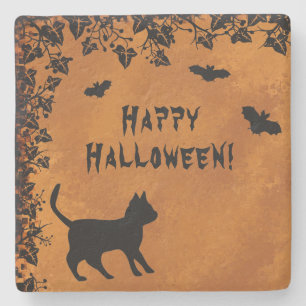 Black Cat with Bat , Happy Halloween Stone Coaster