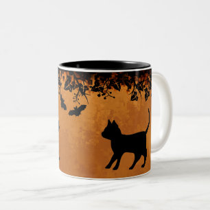 Black Cat with Bat , Happy Halloween Two-Tone Coffee Mug