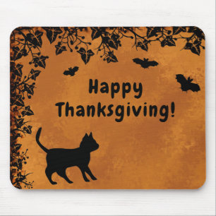 Black Cat with Bat , Happy Thanksgiving Mouse Pad