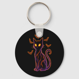 Black Cat With Bats Halloween Design Key Ring