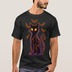 Black Cat With Bats Halloween Design T-Shirt