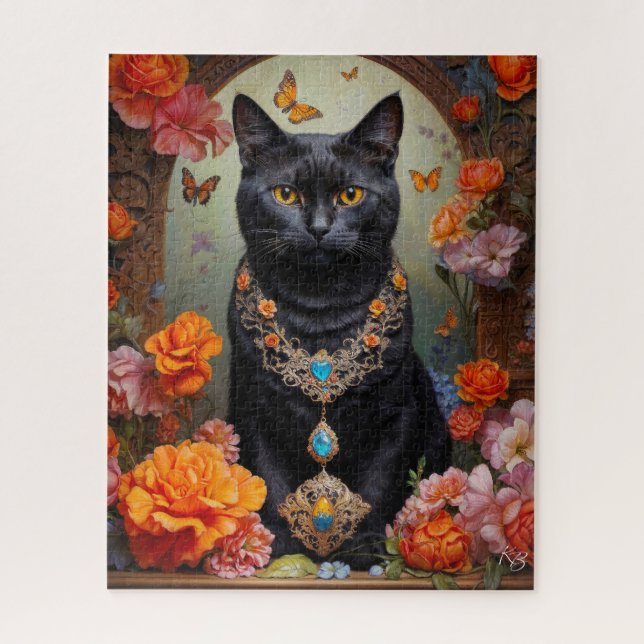 Black Cat with Beautiful Jewellery and Flowers Jigsaw Puzzle (Vertical)