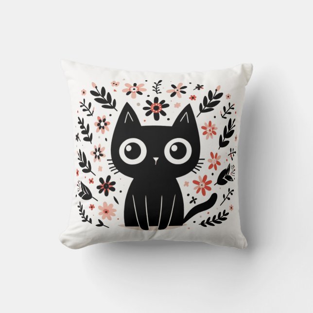 Black Cat with Big Eyes and Flowers Cushion (Front)