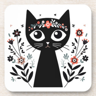 Black Cat with Big Eyes Surrounded by Flowers Coaster