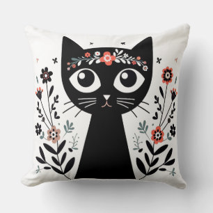 Black Cat with Big Eyes Surrounded by Flowers Cushion