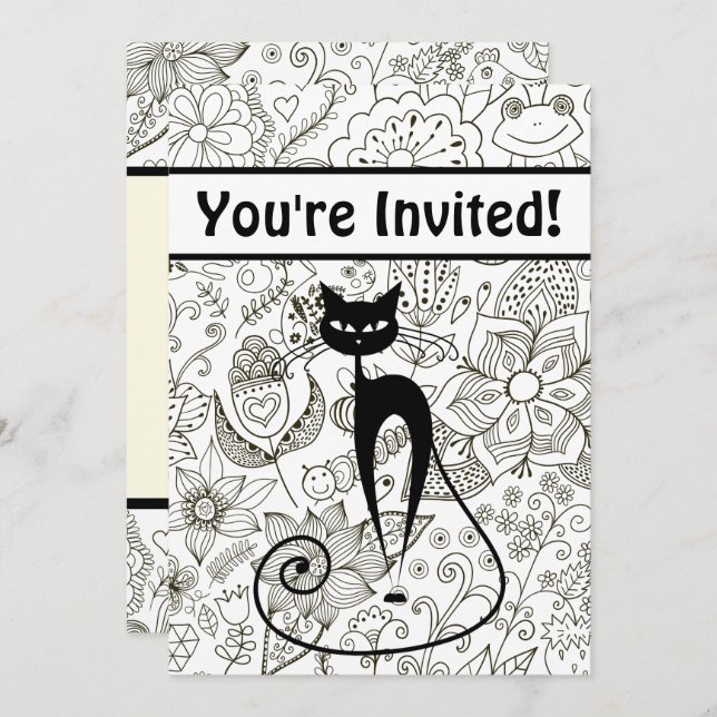 Black Cat with Black and White Garden Birthday Invitation (Front/Back)