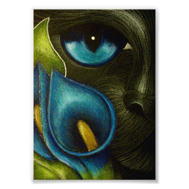 BLACK CAT with BLUE CALLA LILY FLOWERS PRINT (Front)