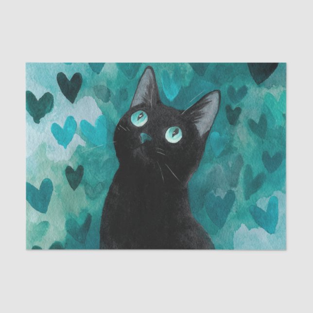 Black Cat With Blue Eyes Blue Hearts Tissue Paper (Front)