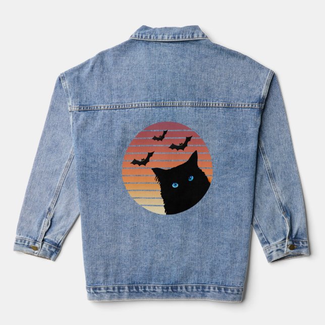Black Cat with Blue Eyes Denim Jacket (Back)