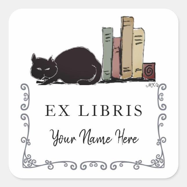 Black Cat with Books Cute Hand-Drawn Bookplate Square Sticker (Front)