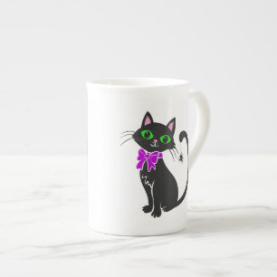 Black cat with bow tie - Choose background color Bone China Mug