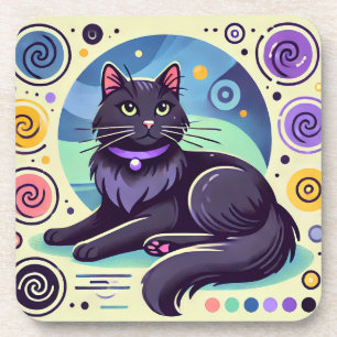 Black Cat with Brightly Coloured Background Coaster
