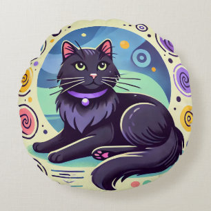 Black Cat with Brightly Coloured Background Round Cushion