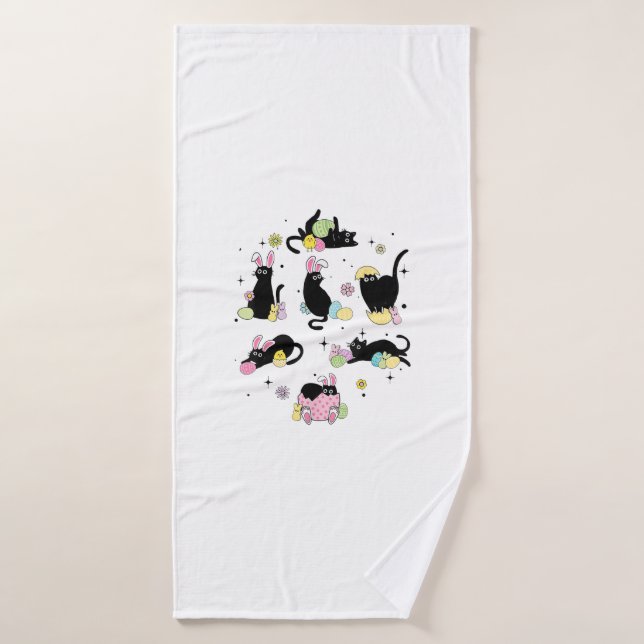 Black Cat with Bunny Eggs Happy Easter Day Matchin Bath Towel (Bath Towel)