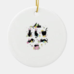 Black Cat with Bunny Eggs Happy Easter Day Matchin Ceramic Ornament