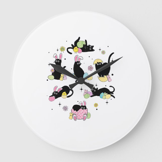 Black Cat with Bunny Eggs Happy Easter Day Matchin Large Clock (Front)