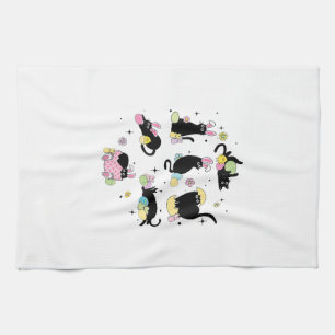 Black Cat with Bunny Eggs Happy Easter Day Matchin Tea Towel