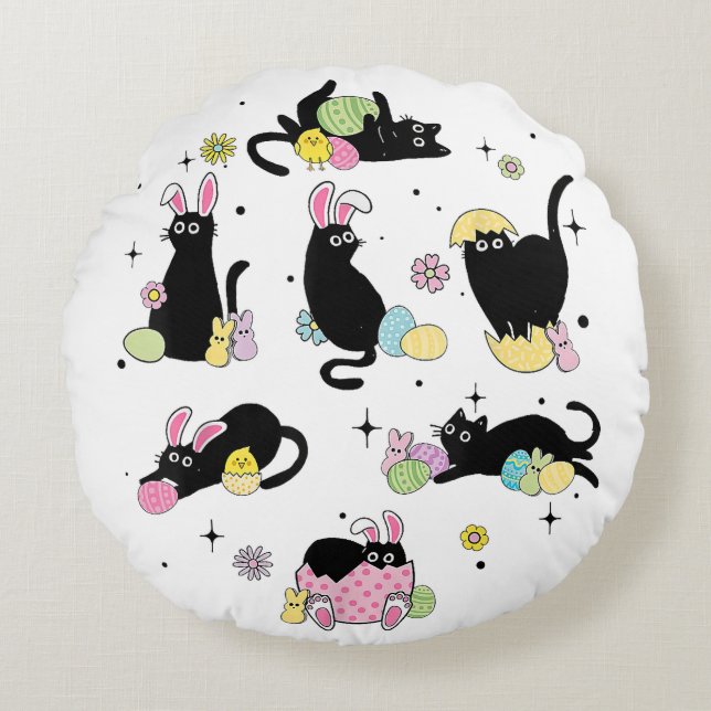 Black Cat with Bunny Eggs Round Cushion (Front)
