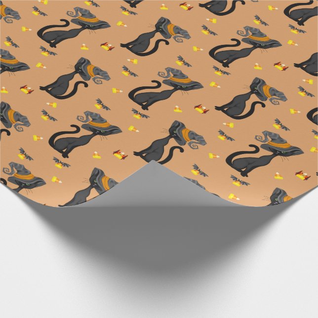 Black Cat with Candy Corn Halloween Pattern Wrapping Paper (Corner)