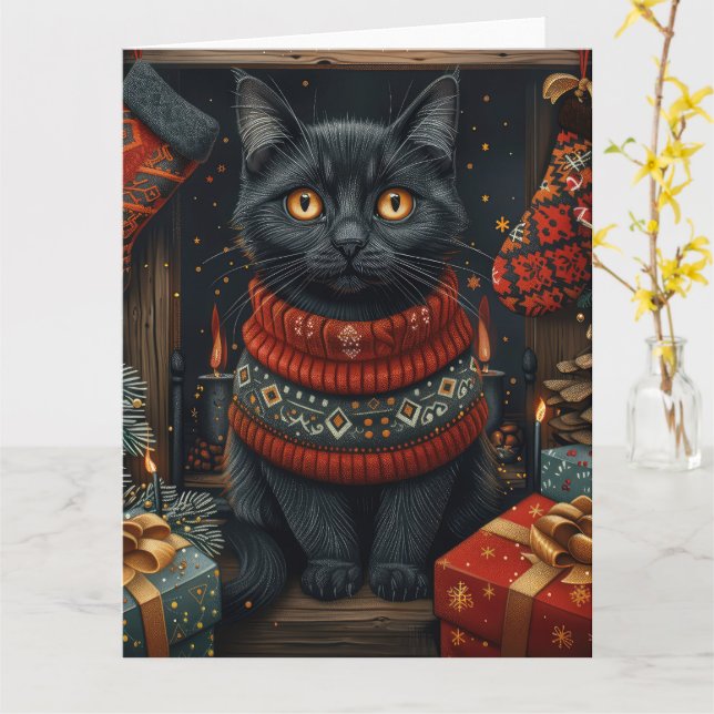 Black Cat with Christmas Gifts Fireplace Card (Yellow Flower)